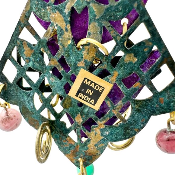 Statement Dangle Earrings Purple Green Geometric Brass Details Gemstone Accents - Picture 5 of 7
